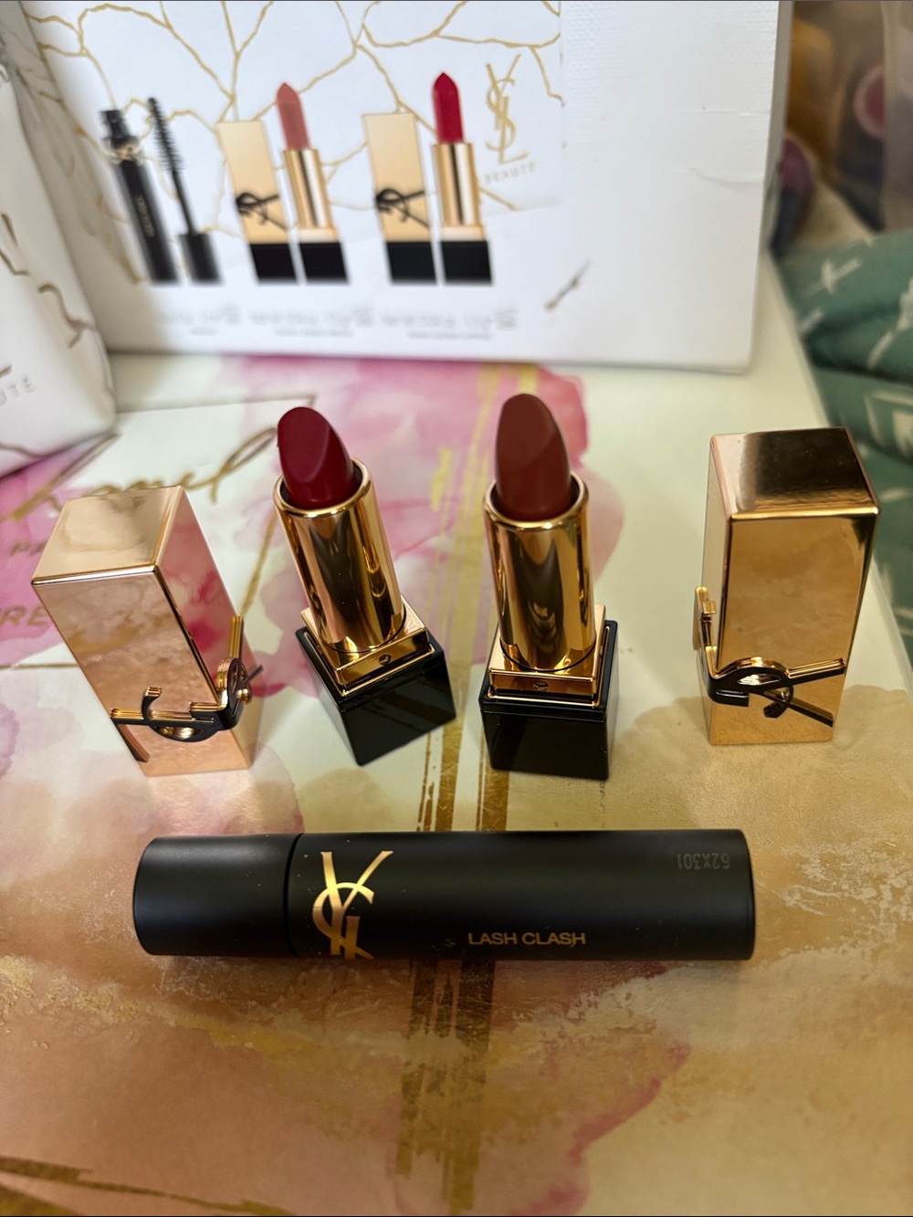 Yves Saint Laurent Lipstick Duo in Deep Red and Rose with Gold Accents NIB